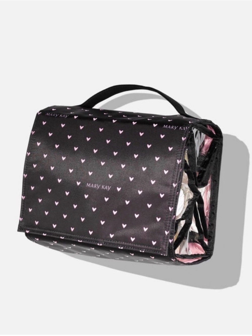 NWT Mary Kay Black Cosmetic Train Case with Pink Heart Pattern